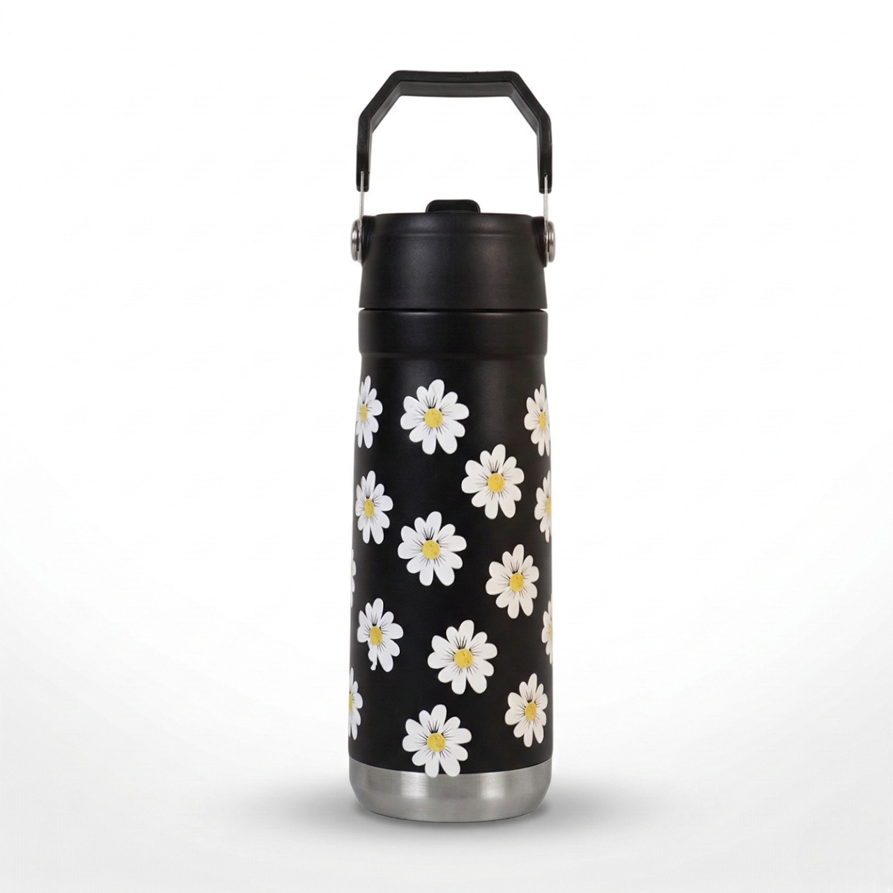 Daisy Print Black Stainless Steel Water Bottle ( 650 ML )