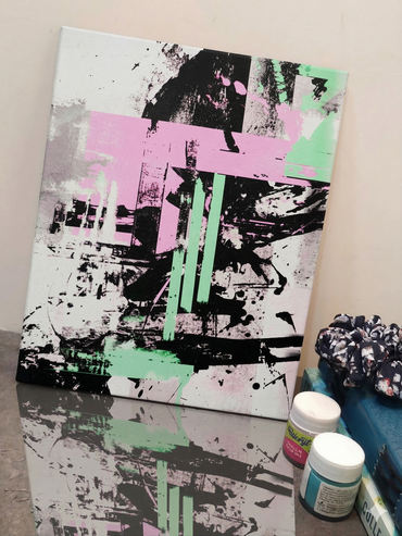 Modern Abstract Geometric Canvas Wall Art | Black Pink Green Contemporary Painting