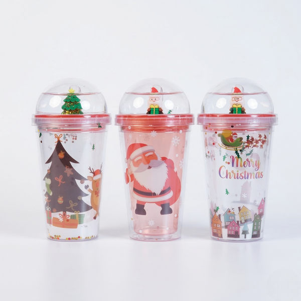 Merry Christmas Transparent Sipper with Dome Lid & Straw (Random Design Only Pack of 1)