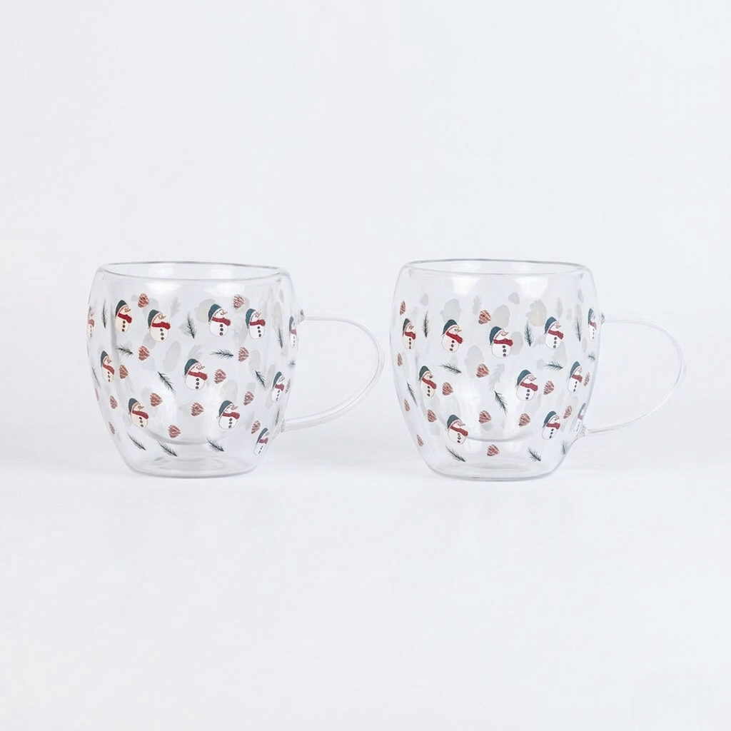 Set-2 Snowman -Double Wall Glass Mug