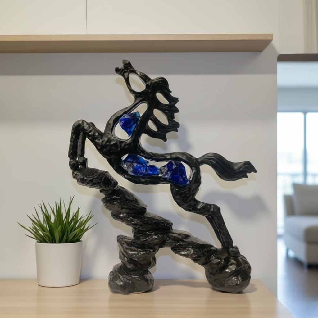 Modern Abstract Horse Figurine with Blue Crystal Inlay