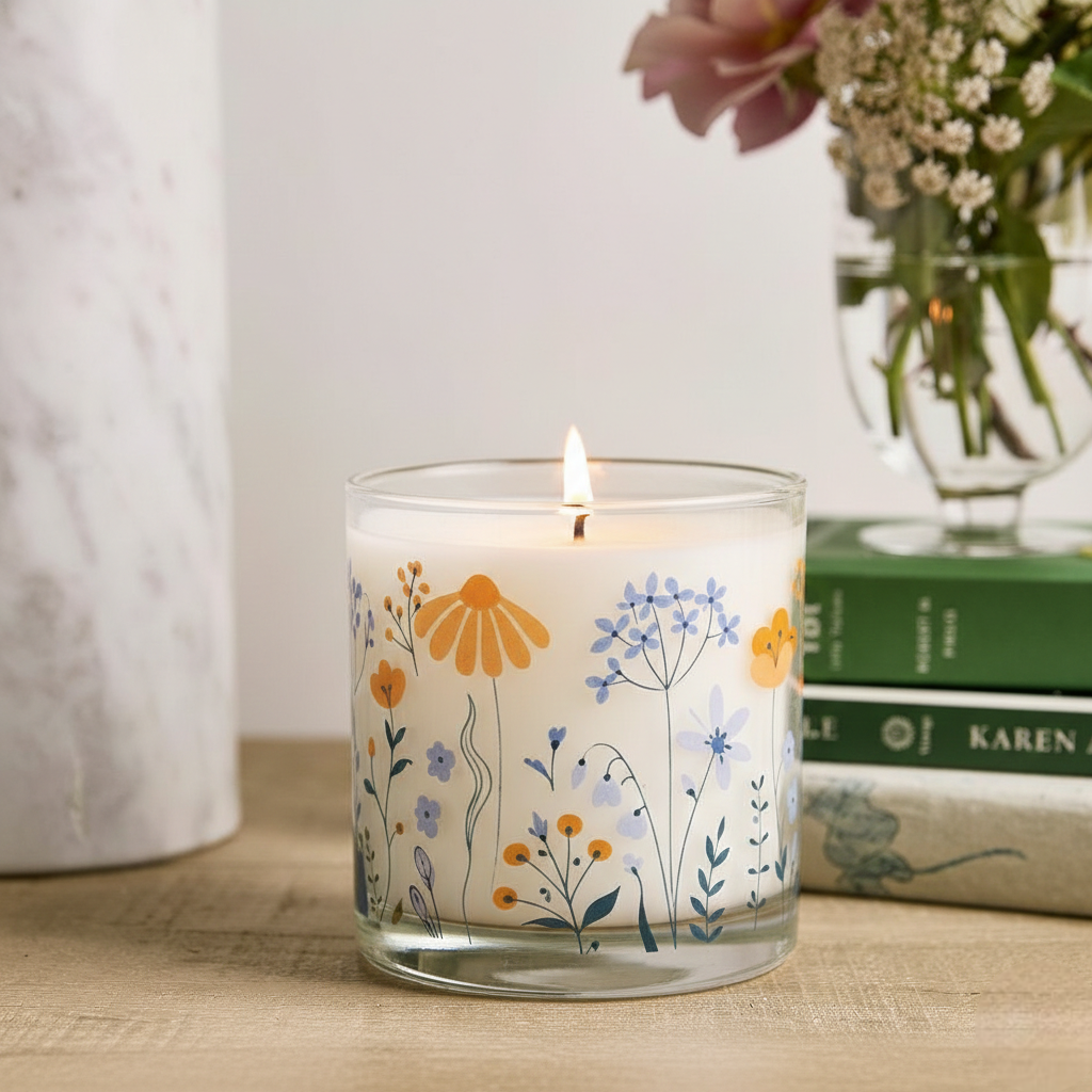 Blue & Yellow Floral Scented Candle in Glass Jar | Elegant Home Décor & Relaxing Aroma