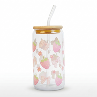 Cute Pink Strawberry Glass Sipper Bottle With Bamboo Lid & Straw