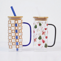 Set-2 Trendy Printed Glass Cup with Bamboo Lid & Straw