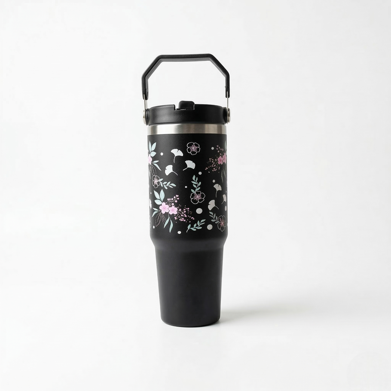 “Elegant Black Floral Tumbler – Leak-Proof & Stylish”
