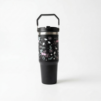 “Elegant Black Floral Tumbler – Leak-Proof & Stylish”