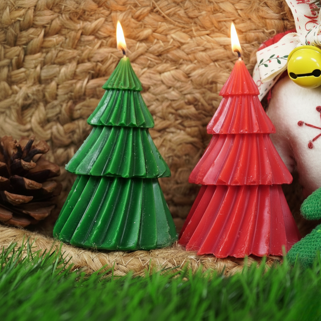 Set-2 Red and Green Christmas Tree Shape Decorative Candle