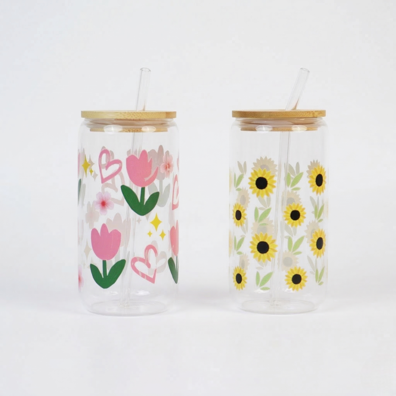 Set-2 Floral Glass Tumbler with Bamboo Lid & Straw