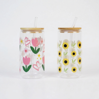 Set-2 Floral Glass Tumbler with Bamboo Lid & Straw
