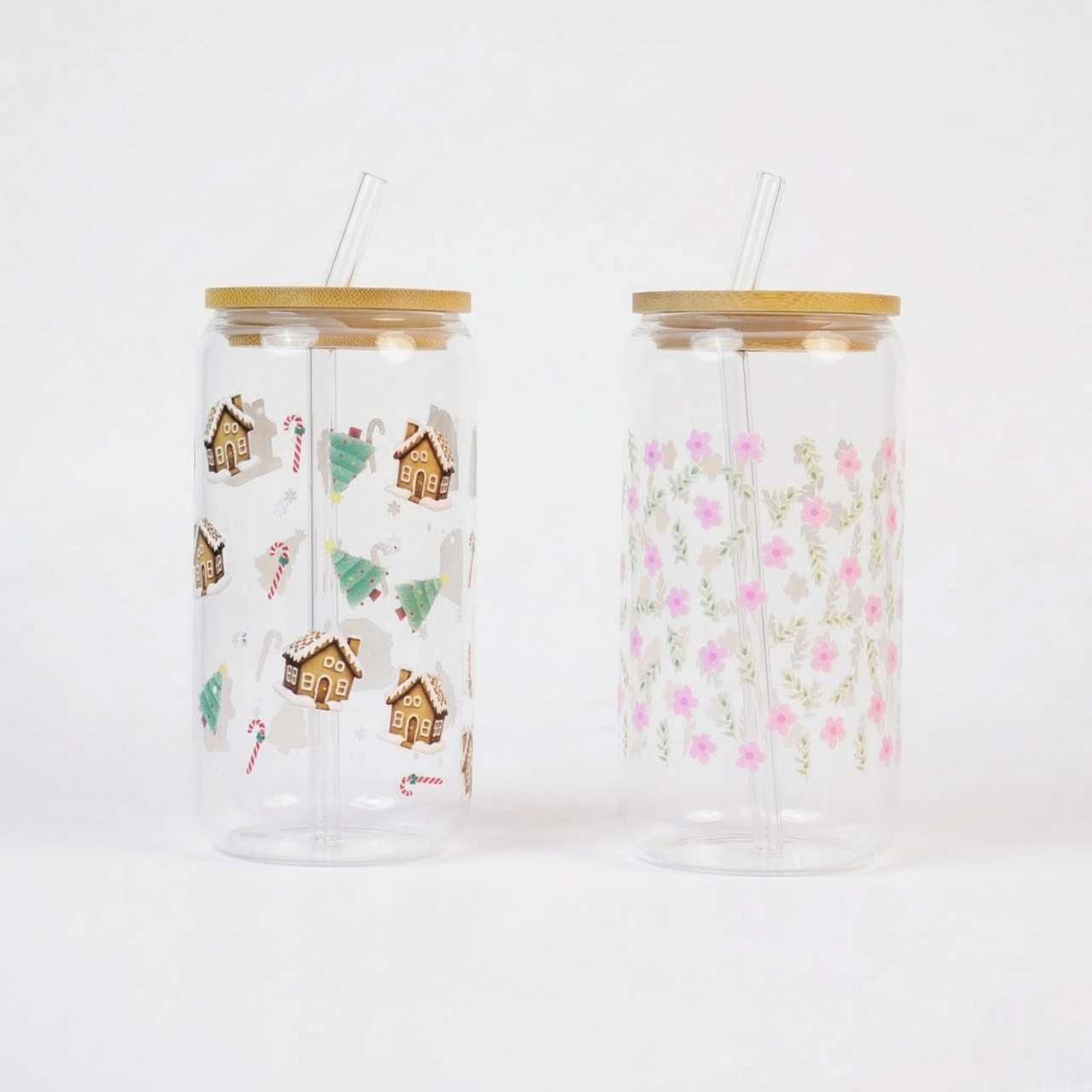 Set-2 Christmas & Floral Glass Tumbler with Bamboo Lid & Straw