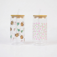 Set-2 Christmas & Floral Glass Tumbler with Bamboo Lid & Straw
