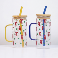 Bow and Little Christmas Tree Glass Tumbler with Handle & Bamboo Lid – Set of 2 | Festive Holiday Design with Straw
