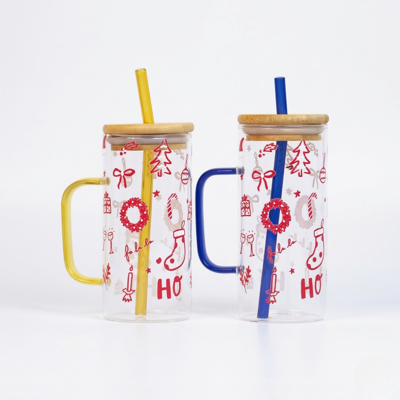 Christmas Glass Tumbler with Handle & Bamboo Lid – Set of 2 | Festive Holiday Design with Straw