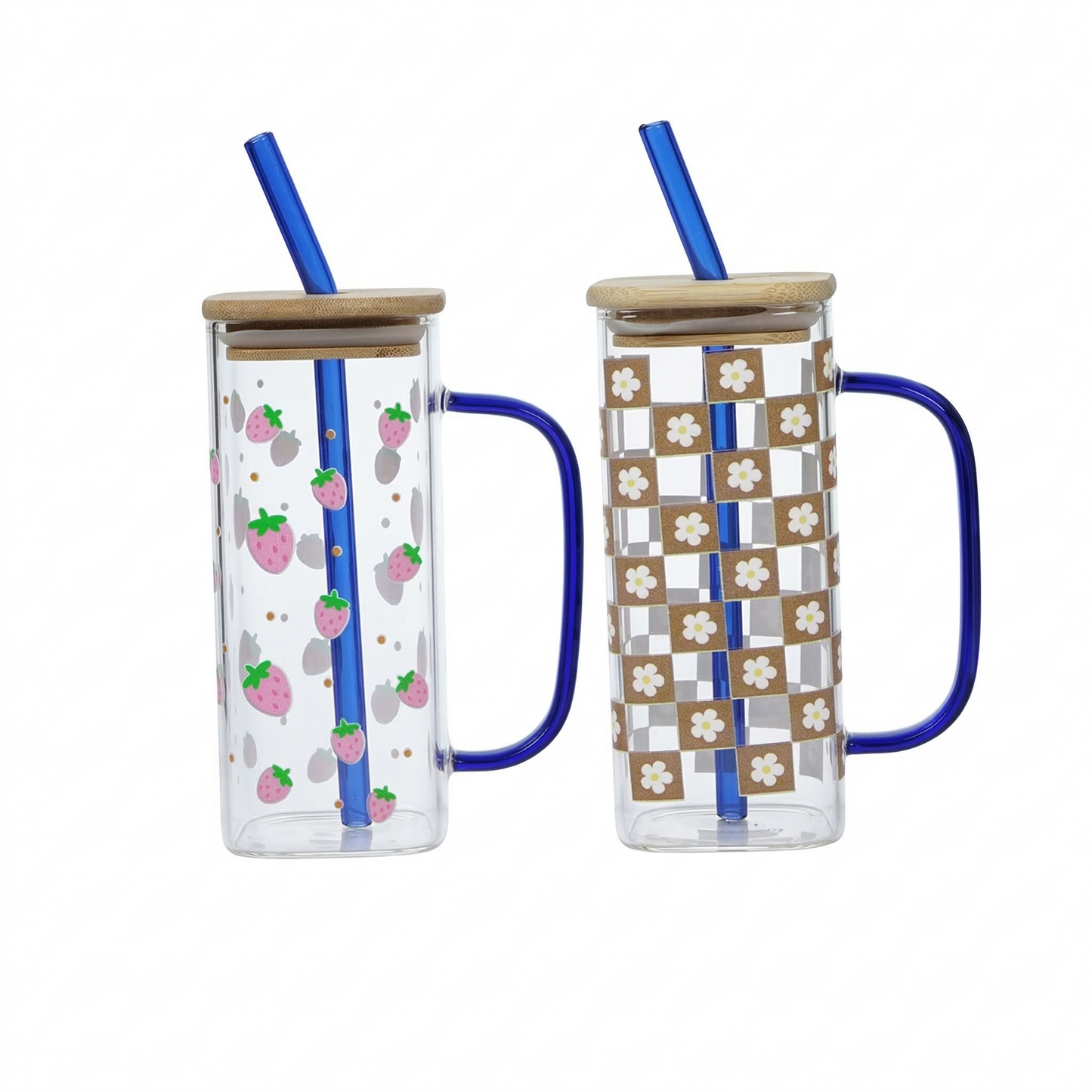 Set-2 Printed Glass Cup With Bamboo Lid & Reusable Straw