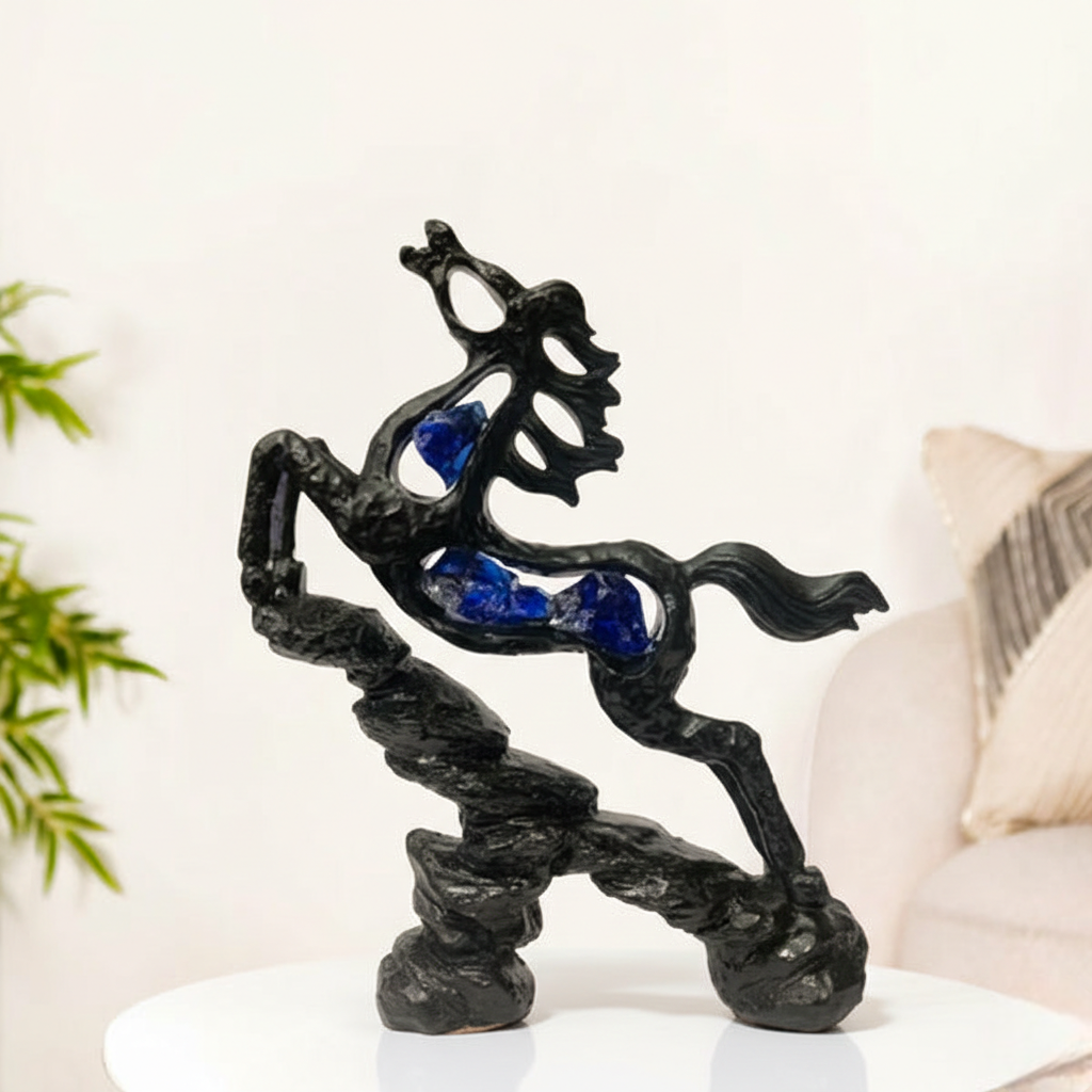 Modern Abstract Horse Figurine with Blue Crystal Inlay