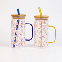 Christmas Ginger Bread with Minis Glass Tumbler with Handle & Bamboo Lid – Set of 2 | Festive Holiday Design with Straw