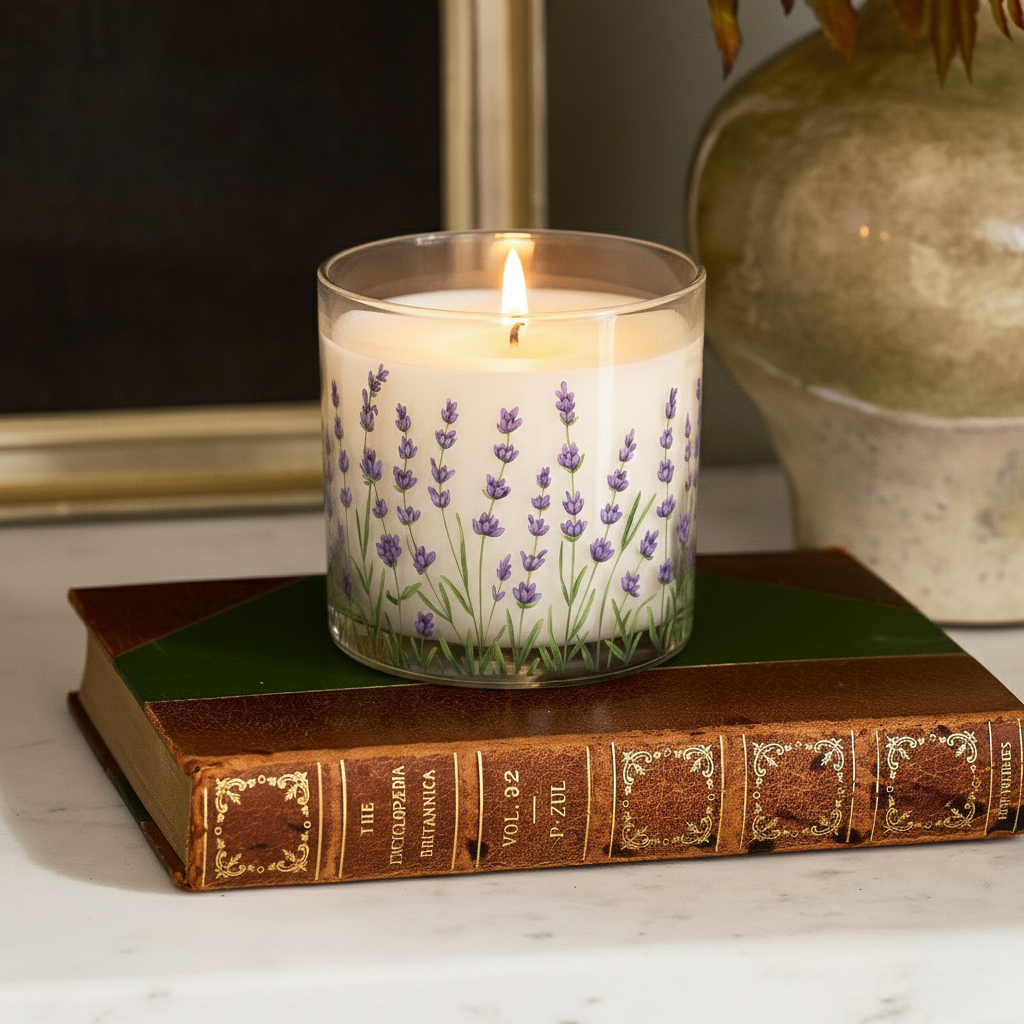 Lavender Floral Scented Candle in Glass Jar | Calming Aesthetic Home Décor Candle