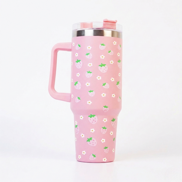 Cute Strawberry Stainless Steel Tumbler with Straw & Handle