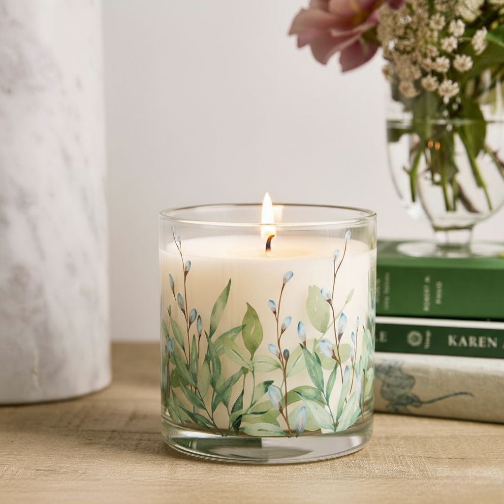 Green Leaf Floral Scented Candle in Glass Jar | Calm Nature-Inspired Home Décor Candle