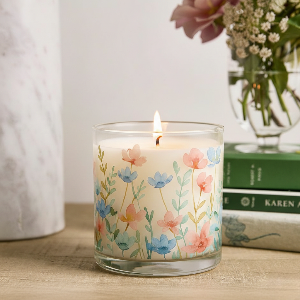 Pastel Wildflower Scented Candle in Glass Jar | Soft Aesthetic Home Décor Candle
