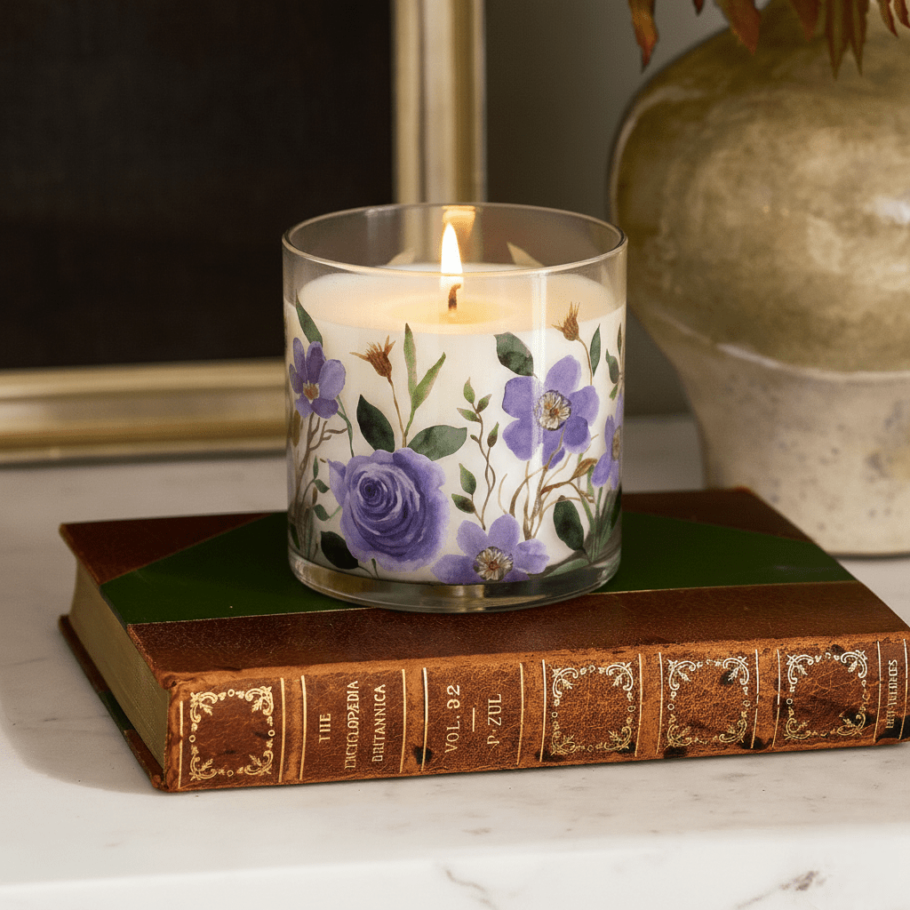 Purple Floral Rose Scented Candle in Glass Jar | Elegant Aesthetic Home Décor Candle - Memories InsitePURPLE FLORAL ROSE SCENTED CANDLE IN JAR