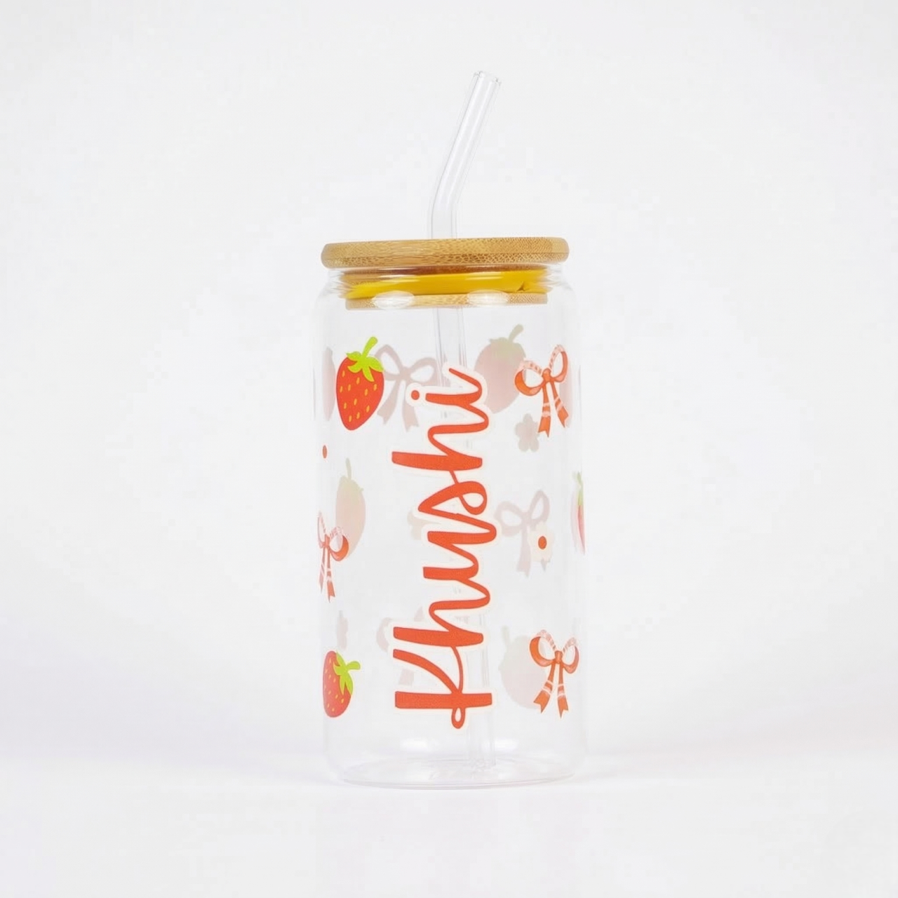 Personalized Strawberry Glass Tumbler with Bamboo Lid & Straw