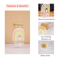 Personalized Rainbow Glass Tumbler with Straw | Cute Aesthetic Name Jar