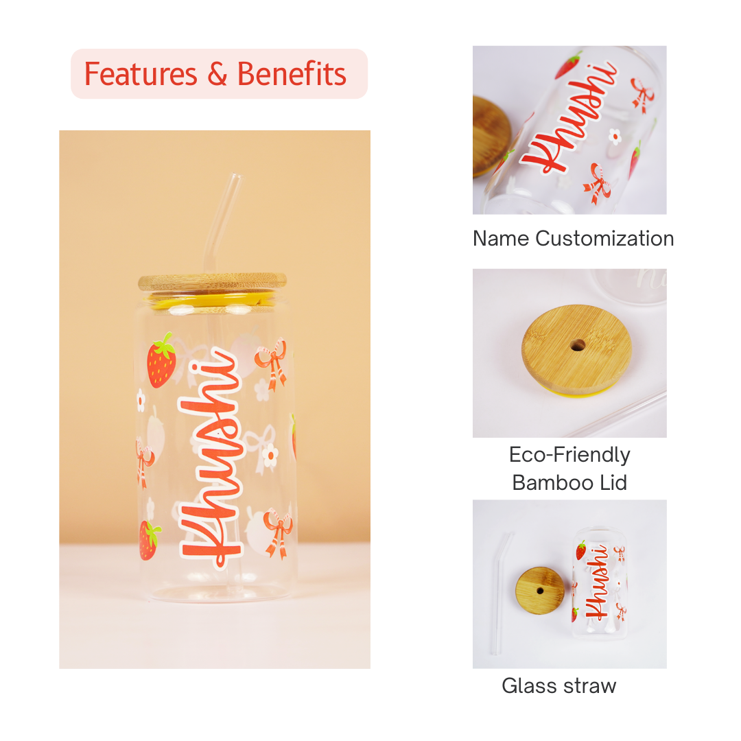 Personalized Strawberry Glass Tumbler with Bamboo Lid & Straw