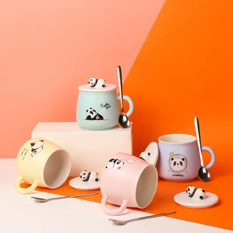 Cute Panda Mug with Hand Painted Lid and Steel Spoon