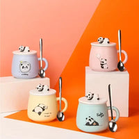 Cute Panda Mug with Hand Painted Lid and Steel Spoon