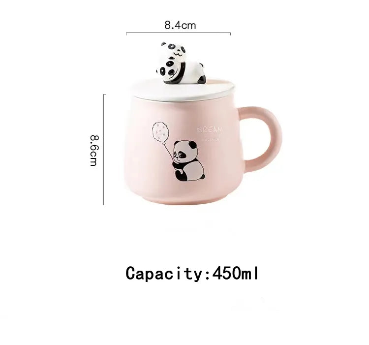 Cute Panda Mug with Hand Painted Lid and Steel Spoon