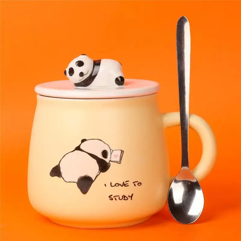 Cute Panda Mug with Hand Painted Lid and Steel Spoon