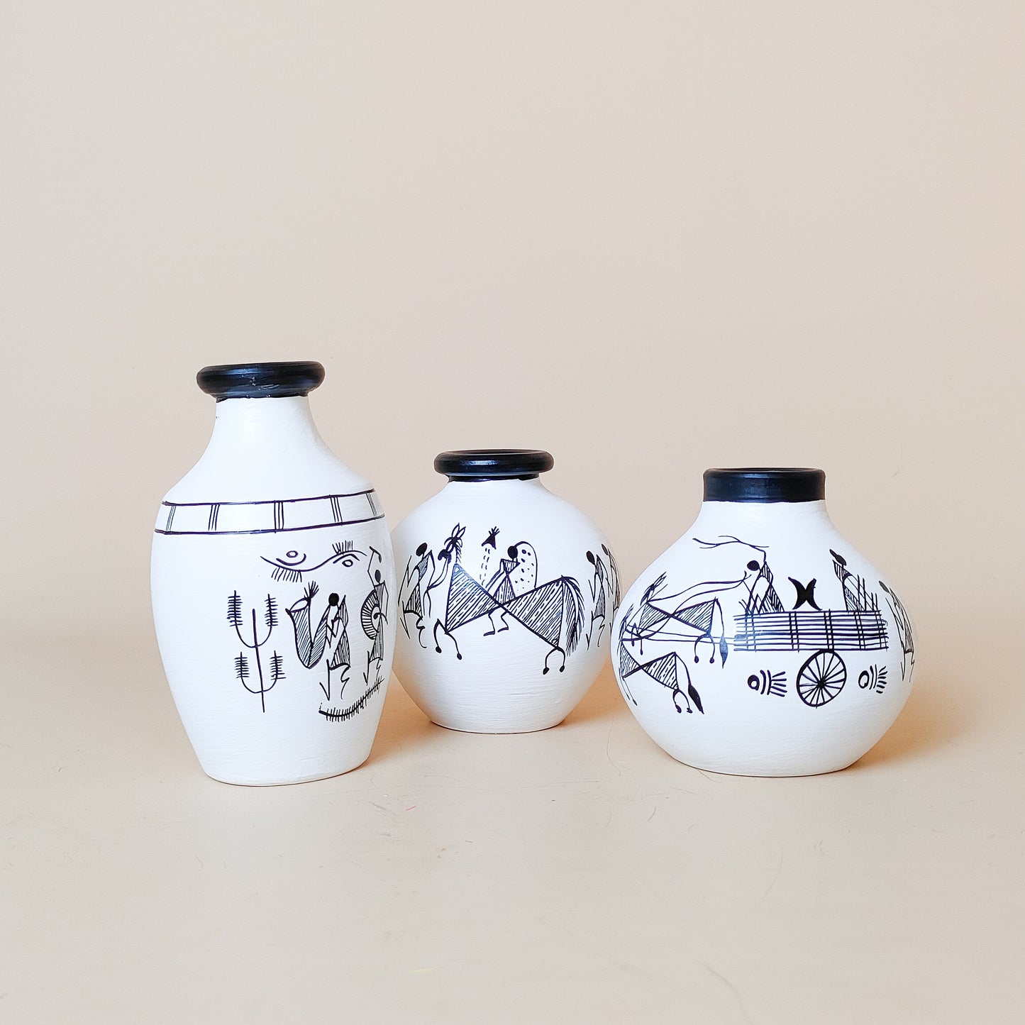 Hand-Painted Tribal Art Decorative Vases – Set of 3 | Ethnic White & Black Pottery