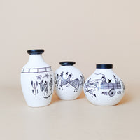 Hand-Painted Tribal Art Decorative Vases – Set of 3 | Ethnic White & Black Pottery