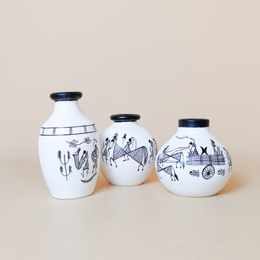 Hand-Painted Tribal Art Decorative Vases – Set of 3 | Ethnic White & Black Pottery