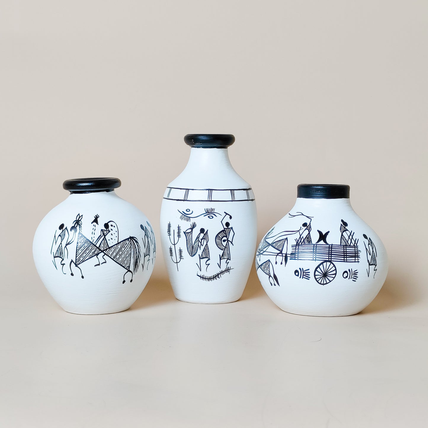 Hand-Painted Tribal Art Decorative Vases – Set of 3 | Ethnic White & Black Pottery