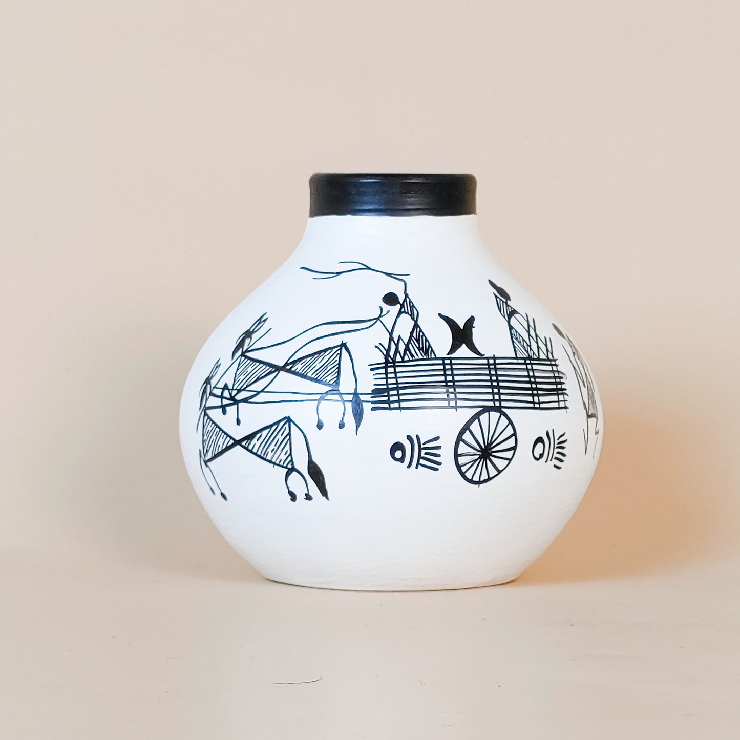 Hand-Painted Tribal Art Decorative Vases – Set of 3 | Ethnic White & Black Pottery