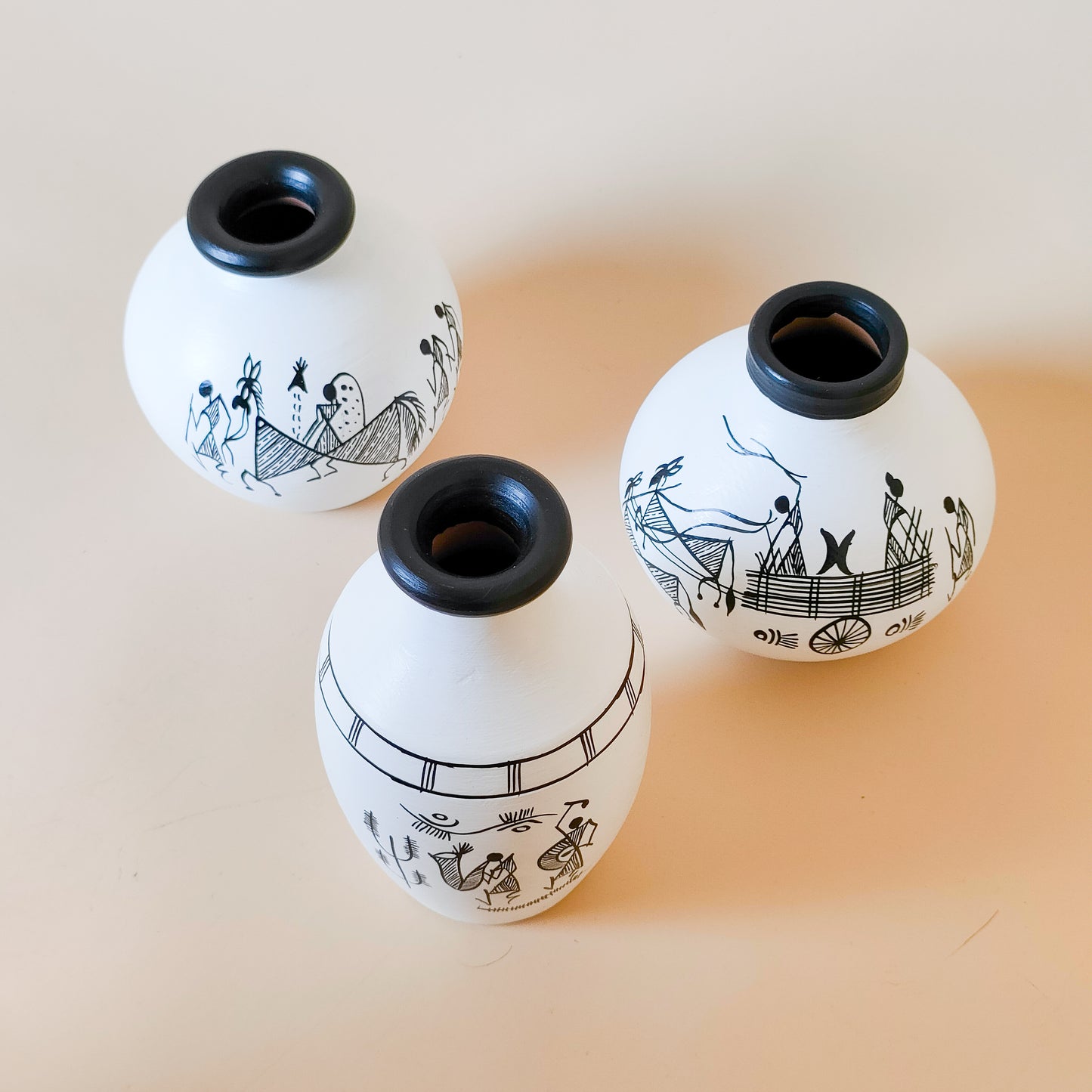 Hand-Painted Tribal Art Decorative Vases – Set of 3 | Ethnic White & Black Pottery