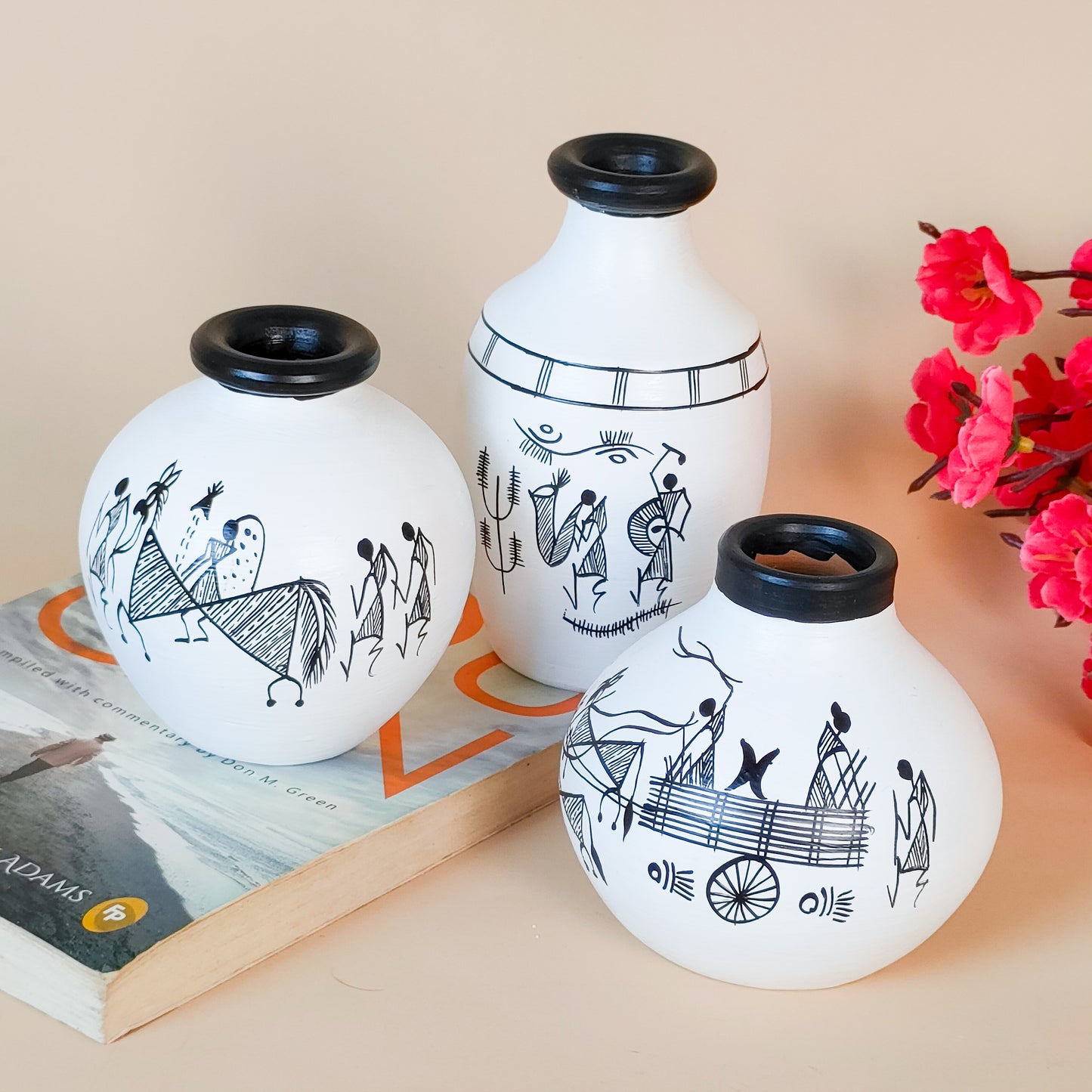 Hand-Painted Tribal Art Decorative Vases – Set of 3 | Ethnic White & Black Pottery