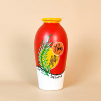 🌺 Vibrant Red & Yellow Warli Art Vase – Handcrafted Tribal Masterpiece