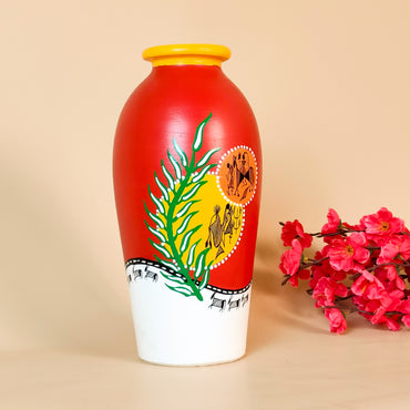 🌺 Vibrant Red & Yellow Warli Art Vase – Handcrafted Tribal Masterpiece