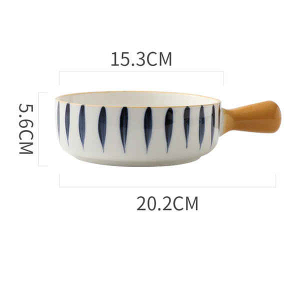 Elegant Ceramic Handle Bowl – Blue Leaf Pattern (1 Piece)