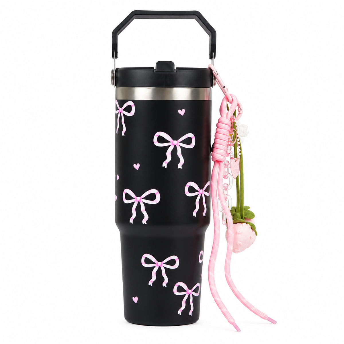 Bow Print Tumbler with Handle & Charm | Reusable Travel Cup | Cute Everyday Drinkware