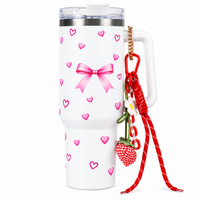 Bow & Heart Print Tumbler with Handle & Charm | Reusable Travel Cup | Cute Everyday Drinkware