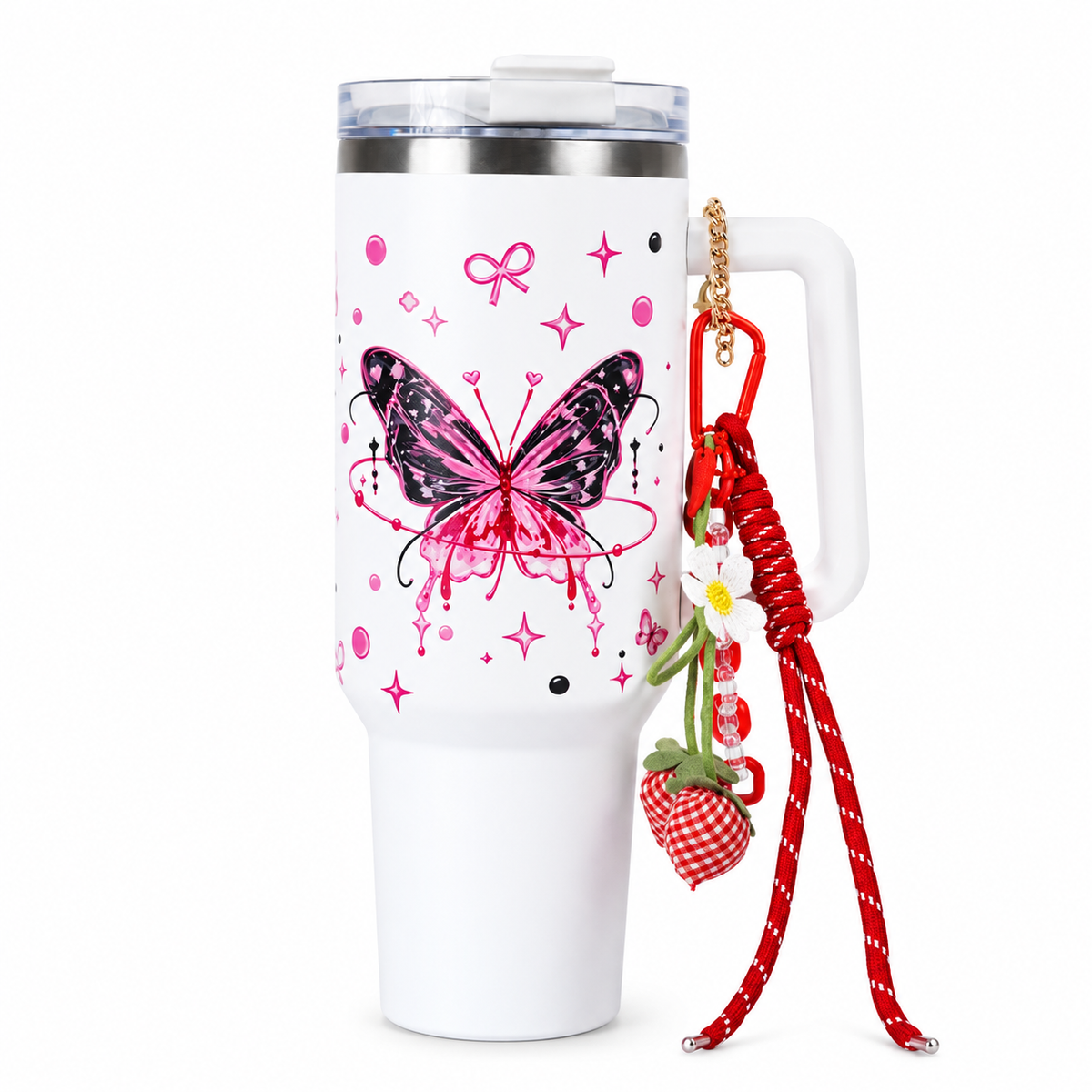 Butterfly Print Tumbler with Handle & Charm | Reusable Travel Cup | Cute Everyday Drinkware