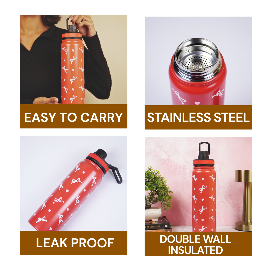 Cherry Bow Print Stainless Steel Water Bottle | Cute Aesthetic Bottle for Daily Use