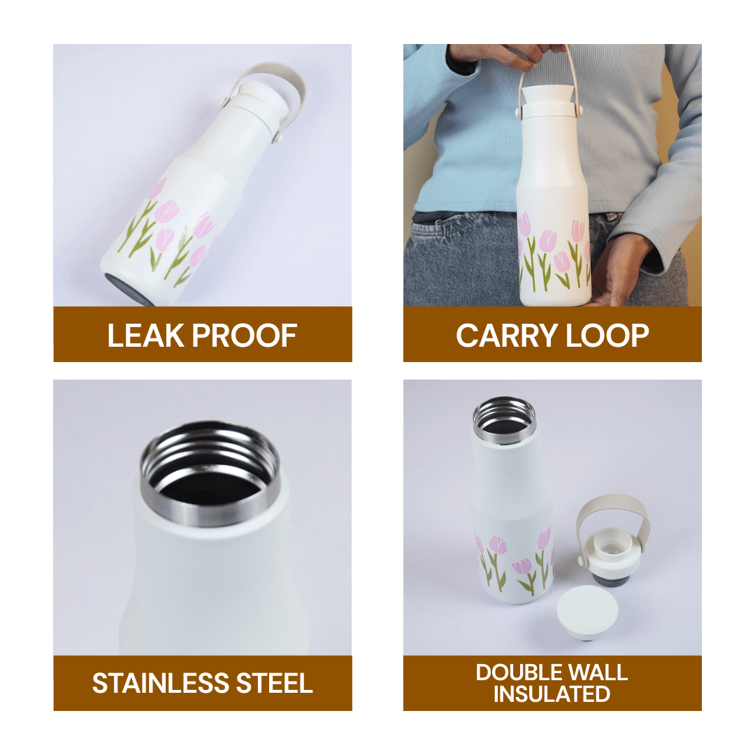Aesthetic Pink floral Bottle| Leak Prof Stainless Steel Bottle ( 500 ML ) - Memories InsiteBLOOM tulip 500 ml white milk bottle