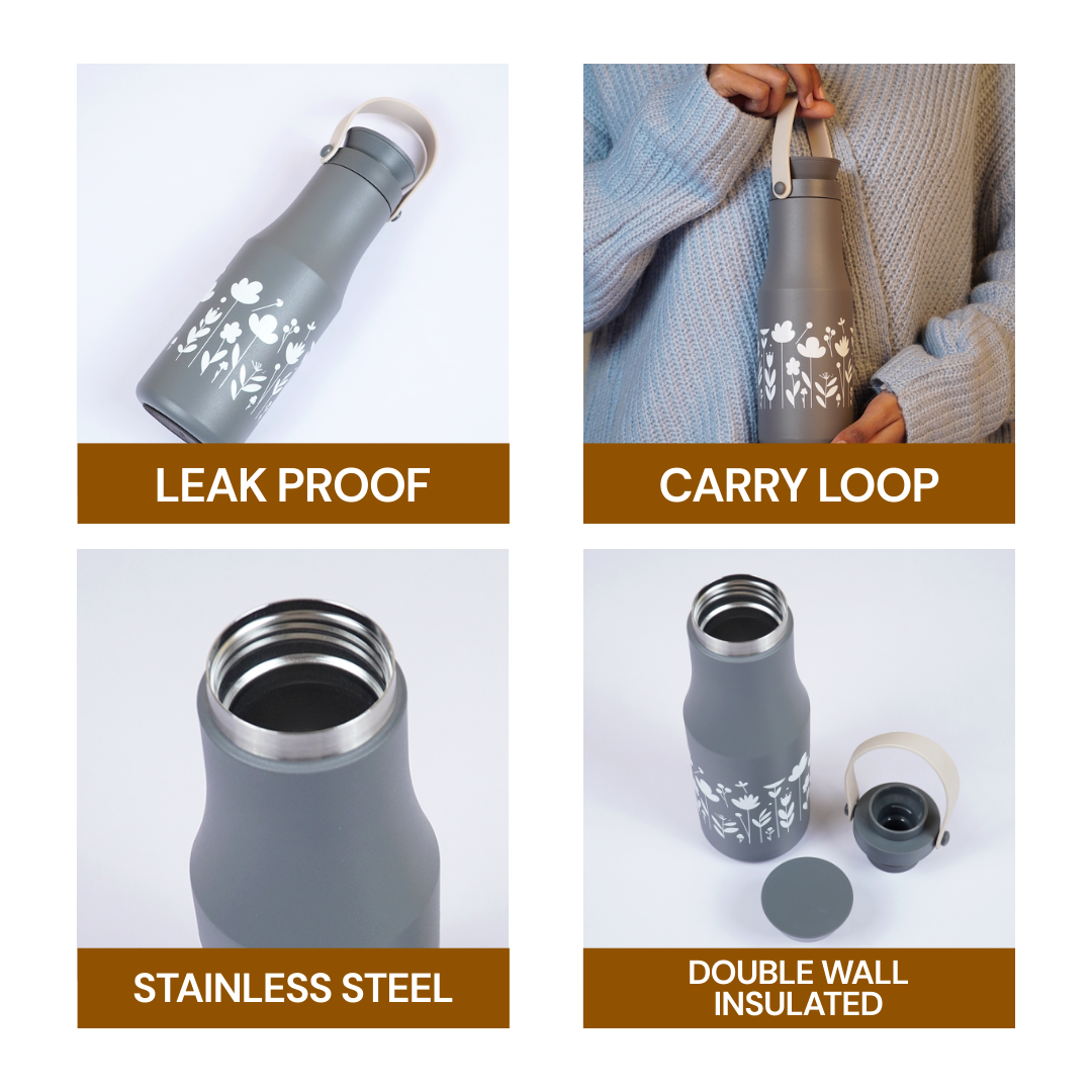 Matte Grey Floral Stainless Steel Water Bottle
