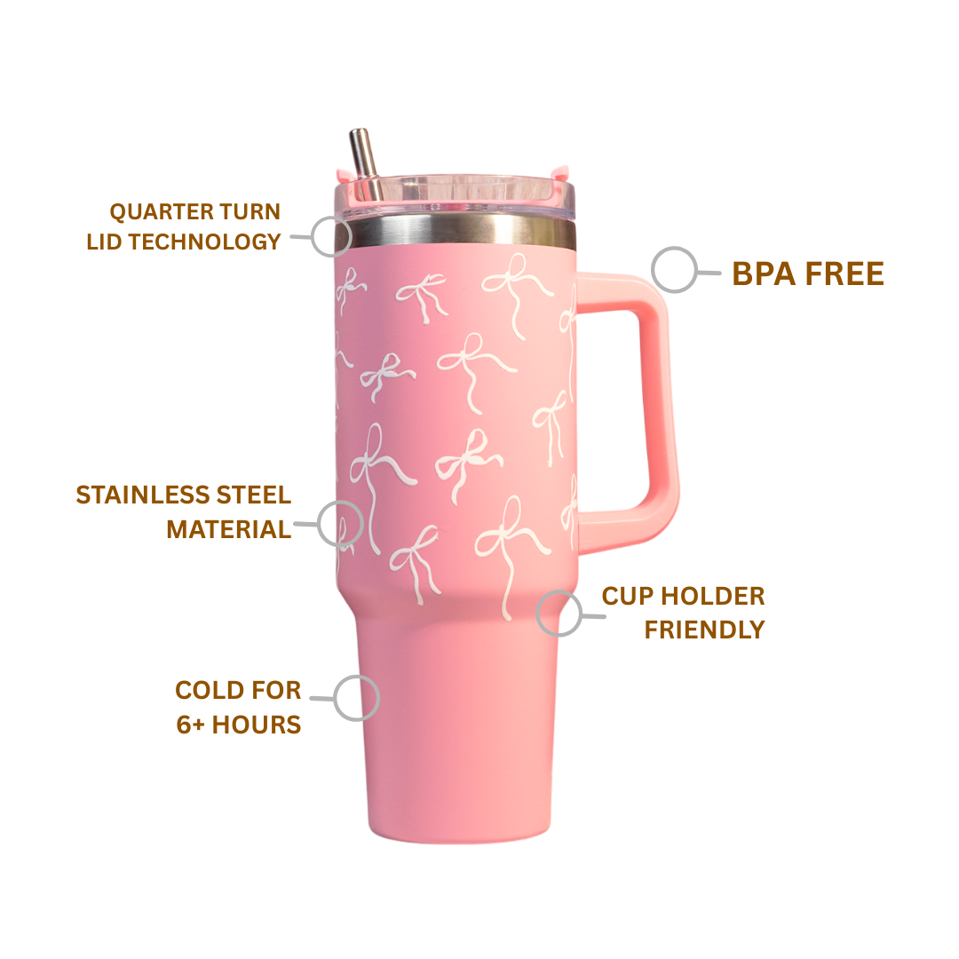 Pink Bow Insulated Tumbler with Handle & Straw