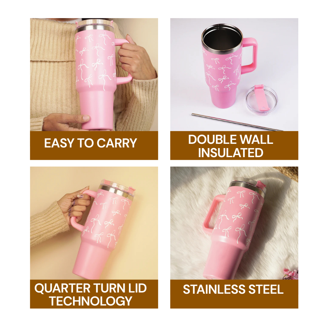Pink Bow Insulated Tumbler with Handle & Straw